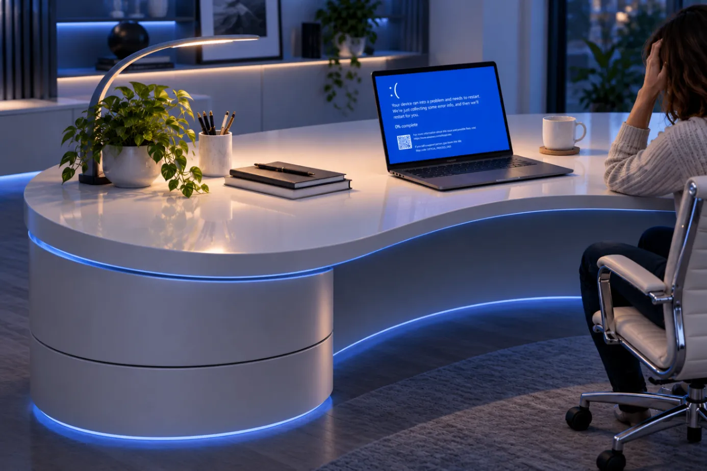 A laptop displaying a blue-screen error at a home office desk